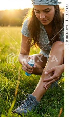 Young woman applying insect repellent while enjoying a nature hike at sunset Young woman applying insect repellent while enjoying a nature hike at sunset 128377438
