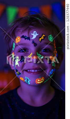 Halloween face paint fun with glowing stickers and decorations Halloween face paint fun with glowing stickers and decorations 128377440