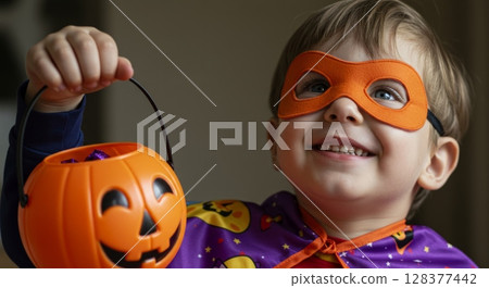 Happy child in halloween costume with pumpkin bucket for trick or treat celebration Happy child in halloween costume with pumpkin bucket for trick or treat celebration 128377442