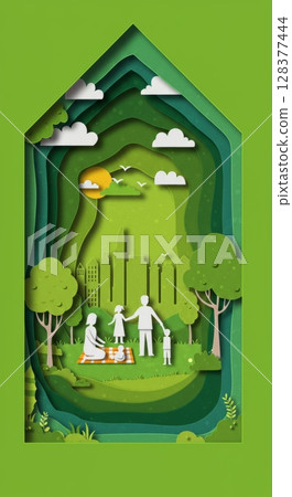 Family picnic in green park with cityscape in background - conceptual nature scene Family picnic in green park with cityscape in background - conceptual nature scene 128377444