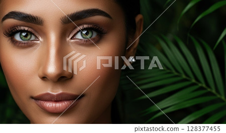 Portrait of a woman with green eyes and lush tropical background 128377455