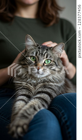 Relaxed grey tabby cat sitting on person's lap in cozy home setting 128377456