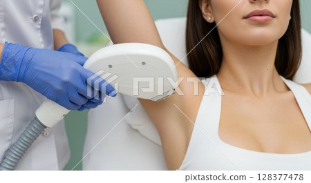 Woman receiving laser hair removal treatment at a clinic 128377478
