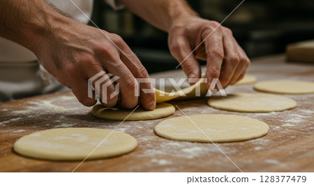 Artisan bread making process in a rustic kitchen setting 128377479
