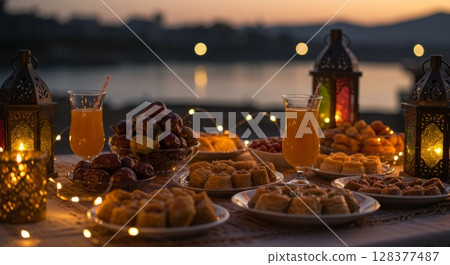Evening ramadan iftar meal with lanterns and traditional sweets by sunset Evening ramadan iftar meal with lanterns and traditional sweets by sunset 128377487