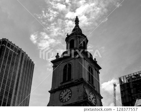 black and white image of a tower of a church 128377557