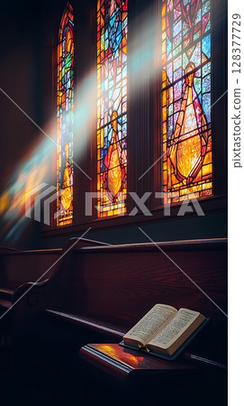 A stained glass window with sunlight shining through it 128377729