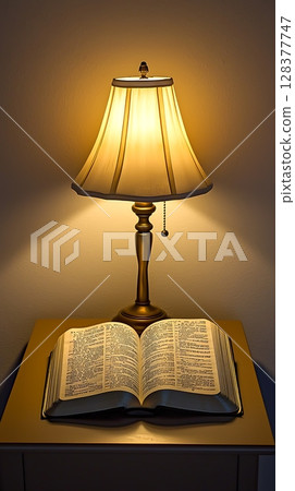 A lamp is lit up next to an open book 128377747