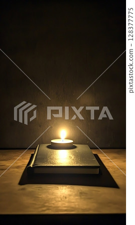 A candle is lit on top of a book 128377775