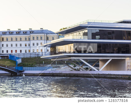 Modern, stylish yacht club building by the river. Architecture 128377816