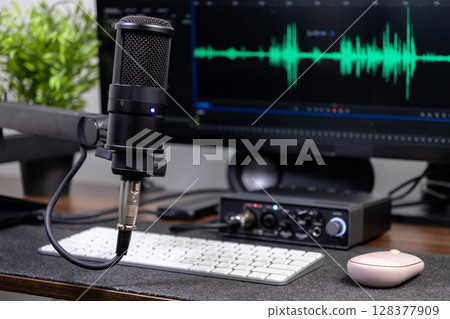 Professional microphone, audio interface, and computer screen with waveform for home studio podcasting, digital audio recording, and online content creation Professional microphone, audio interface, and computer screen with waveform for home studio podcasting, digital audio recording, and online content creation 128377909