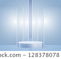 Minimalist light blue cosmetic product mockup scene with a round glass podium and soft natural shadows 128378078