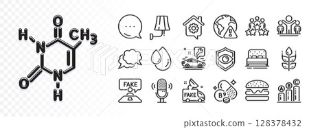 Burger, Chemical formula and Gluten free line icons for web app. Glare of light effect. Message icon. Pack of Oil drop, Work home, Internet warning pictogram icons. Vector 128378432