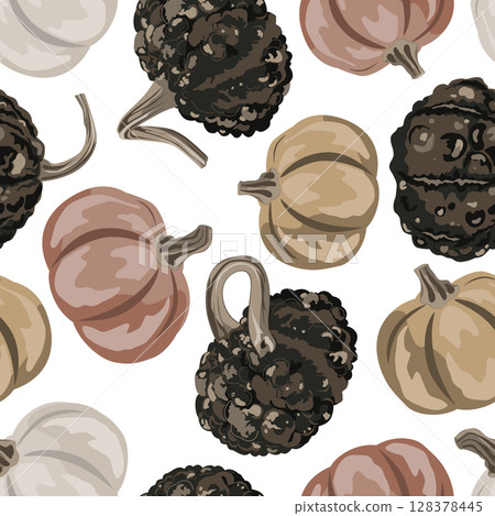 Cozy small gourds seamless pattern. Pumpkins autumn background. Vector squash illustration Cozy small gourds seamless pattern. Pumpkins autumn background. Vector squash illustration 128378445