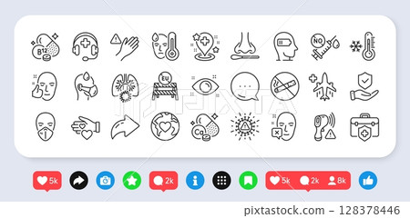 Insurance hand, Eu close borders and Nasal test line icons pack. Social media: share, comment, like icons. Healthy face, Calcium mineral, Electronic thermometer web icon. Vector Insurance hand, Eu close borders and Nasal test line icons pack. Social media: share, comment, like icons. Healthy face, Calcium mineral, Electronic thermometer web icon. Vector 128378446