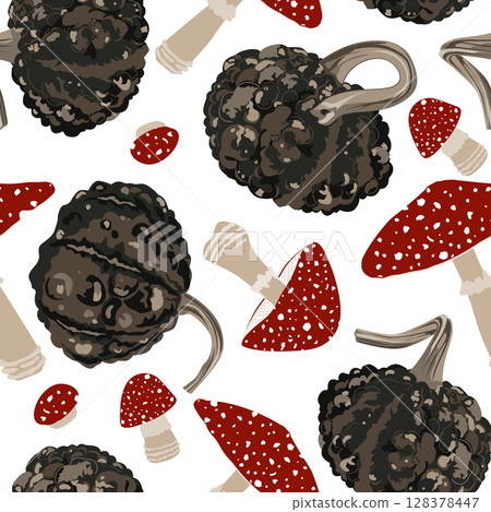 Witchy warty gourds ands fly agaric mushrooms seamless pattern. Pumpkins and amanita muscaria Halloween background. Vector black squashes illustration. 128378447