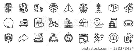 Travel compass, Parking place and Car line icons pack. Share, Message, Paper plane icons. No handbag, Luggage protect, Delivery discount web icon. Vector 128378454
