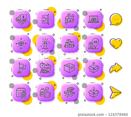 Carry-on baggage, Parcel delivery and Lighthouse line icons. App 3d buttons. Social media comment, share, like icons. Pack of Exit, Cash transit, Baggage calendar icon. Vector 128378460