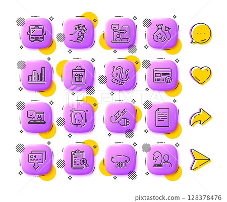 Electricity plug, Smile and Holidays shopping line icons. App 3d buttons. Social media comment, share, like icons. Pack of Favorite, Worms, Accounting report icon. Vector 128378476