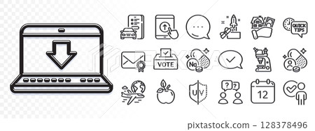 Quick tips, Car registration and Internet downloading line icons for web app. Glare of light effect. Message icon. Pack of Verification person, International flight, Eco food pictogram icons. Vector 128378496