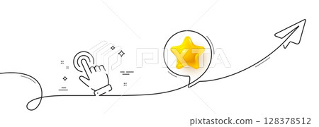 Hand cursor line icon. Continuous line with share plane. Click action sign. Finger pointer symbol. 3d star in speech bubble. Cursor single line ribbon. Loop curve pattern. Vector 128378512