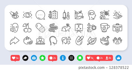 Weariness, Coffee and Health eye line icons pack. Social media: share, comment, like icons. Leaf, Face accepted, Medical insurance web icon. Head, Skin care, Medical vaccination pictogram. Vector Weariness, Coffee and Health eye line icons pack. Social media: share, comment, like icons. Leaf, Face accepted, Medical insurance web icon. Head, Skin care, Medical vaccination pictogram. Vector 128378522