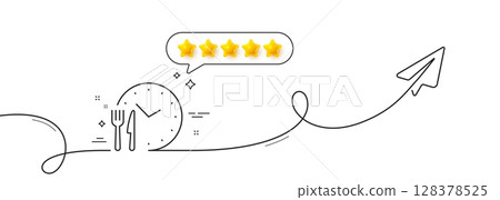 Food time line icon. Continuous line with share plane. Meal order clock sign. Restaurant opening hours symbol. Five star rate review in speech bubble. Food time single line ribbon. Vector 128378525