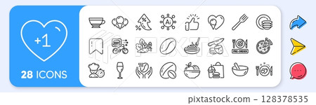 Fork, Dry cappuccino and Coffee beans line icons. Interest rate, AI generate, Inflation icons. Pack of Coffee, Pasta dish, Potato chips icon. Food delivery, Soy nut, Pizza pictogram. Vector 128378535