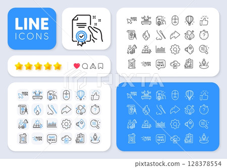 Certificate, Nasal test and Augmented reality line icons for web app. Message, Share, Like social media icons. Pack of Oil barrel, Air balloon, Quick tips pictogram icons. Vector 128378554