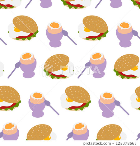 Fried Egg Sandwich and Soft Boiled Egg in Egg Bow with spoon Seamless Pattern Egg Day Backdrop idea 128378665