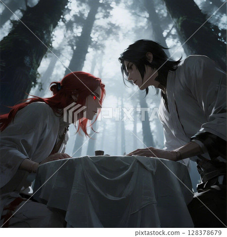 兩個人在樹林裡對峙 兩個人在樹林裡對峙 128378679