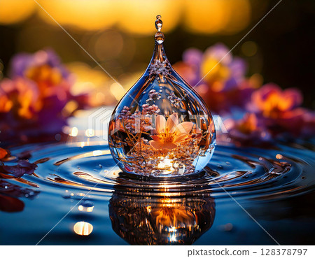 Single drop of water, Inside the drop, on which flowers are reflex. AI Generated. Single drop of water, Inside the drop, on which flowers are reflex. AI Generated. 128378797