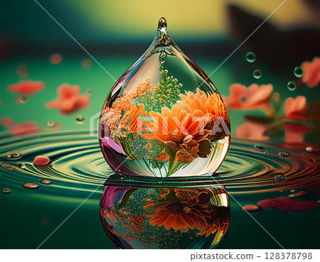 Single drop of water, Inside the drop, on which flowers are reflex. AI Generated. 128378798
