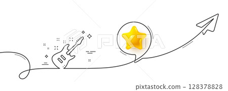 Electric guitar line icon. Continuous line with share plane. Music sign. Musical instrument symbol. 3d star in speech bubble. Electric Guitar single line ribbon. Loop curve pattern. Vector 128378828