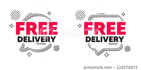 Free delivery chat speech bubble. Social media concept. Free delivery tag. Shipping and cargo service message. Business order icon. Line design chat bubble. Vector 128378872