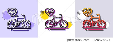 Cardio bike training line icon. Halftone dotted pattern. Gradient icon with grain shadow. Bicycle exercise sign. Gym fit heartbeat symbol. Line cardio bike icon. Various designs. Vector 128378874