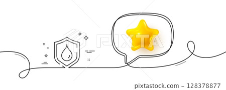 Water resistant line icon. Continuous line with 3d star. Waterproof shield sign. Drop protection symbol. 3d star in speech bubble. Waterproof single line ribbon. Loop curve pattern. Vector 128378877