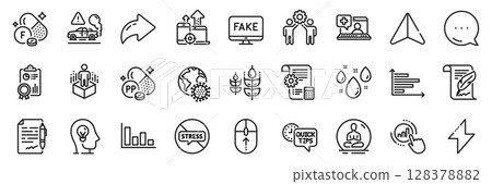 Fluorine mineral, Histogram and Exhaust line icons pack. Share, Message, Paper plane icons. Rainy weather, Inspect, Agreement document web icon. Vector 128378882