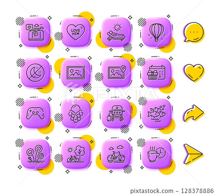 Fish school, Fireworks and Gas grill line icons. App 3d buttons. Social media comment, share, like icons. Pack of Bike, Air balloon, Ice cream icon. Vector 128378886