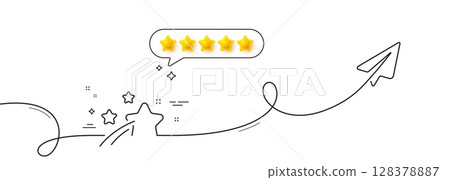 Falling star line icon. Continuous line with share plane. Night sign. Firework symbol. Five star rate review in speech bubble. Falling star single line ribbon. Loop curve pattern. Vector Falling star line icon. Continuous line with share plane. Night sign. Firework symbol. Five star rate review in speech bubble. Falling star single line ribbon. Loop curve pattern. Vector 128378887