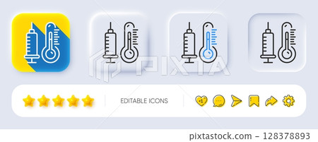 Thermometer with vaccine line icon. Neumorphic, Flat shadow, 3d buttons. Temperature diagnostic sign. Fever measuring symbol. Line thermometer icon. Social media icons. Vector 128378893