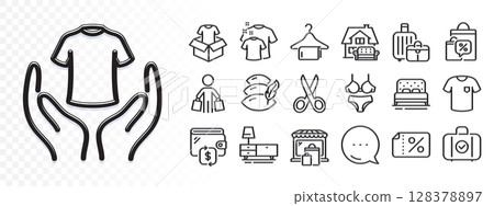 Furniture moving, Carry-on baggage and T-shirt line icons for web app. Glare of light effect. Message icon. Pack of Bed, Baggage, Market pictogram icons. Buyer, Pillow, Wallet signs. Vector 128378897