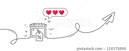 Market sale line icon. Continuous line with share plane. Wholesale store sign. Marketplace discounts symbol. Hearts rate review in speech bubble. Market sale single line ribbon. Vector 128378899