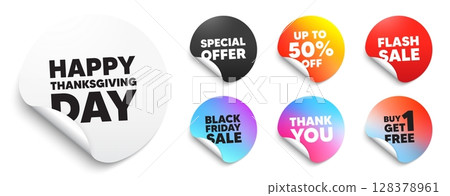 Happy thanksgiving sticker tag. Special offer paper price tags. Happy thanksgiving tag. Happy family holiday message. Autumn thank you day. Discount, black friday sticker. Promo banner. Vector 128378961