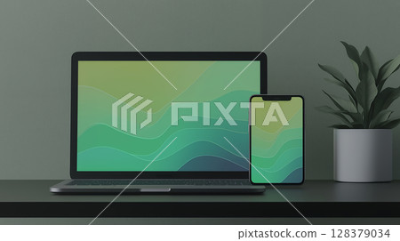 Vibrant digital art mockup composition displayed on computer and smartphone 128379034