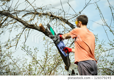 Young man cutting trees using electrical chainsaw in motion at his backyard Young man cutting trees using electrical chainsaw in motion at his backyard 128379245