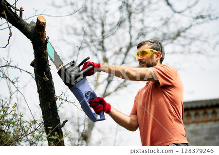 Young man cutting trees using electrical chainsaw in motion at his backyard Young man cutting trees using electrical chainsaw in motion at his backyard 128379246