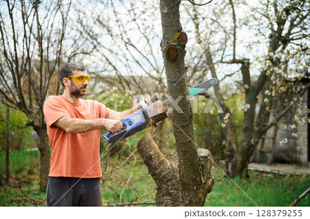 Young man cutting trees using electrical chainsaw in motion at his backyard Young man cutting trees using electrical chainsaw in motion at his backyard 128379255