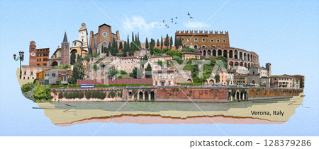Verona colorful tourist landmarks postcard without label, Veneto region of Italy - art collage or design Verona colorful tourist landmarks postcard without label, Veneto region of Italy - art collage or design 128379286