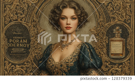 Gorgeous portrait of a woman and perfume bottle with gold ornamentation against a teal background 128379339